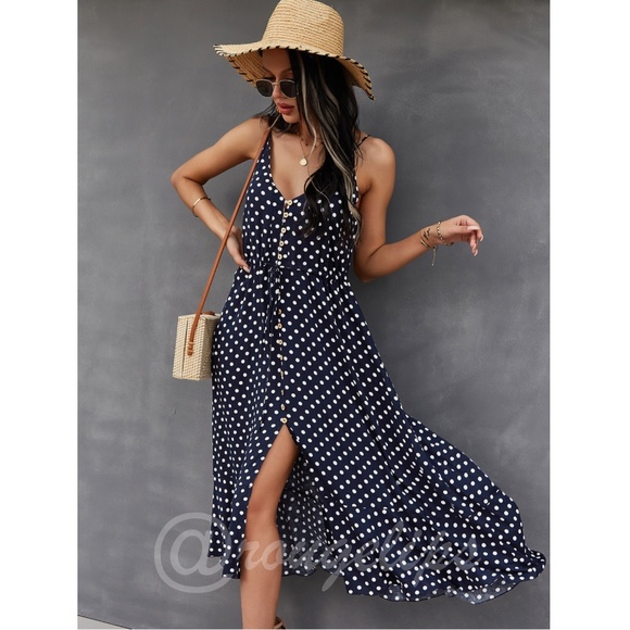 Navy Blue Polka Dot Midi Button Through Dress Flared V-Neck - Picture 4 of 9